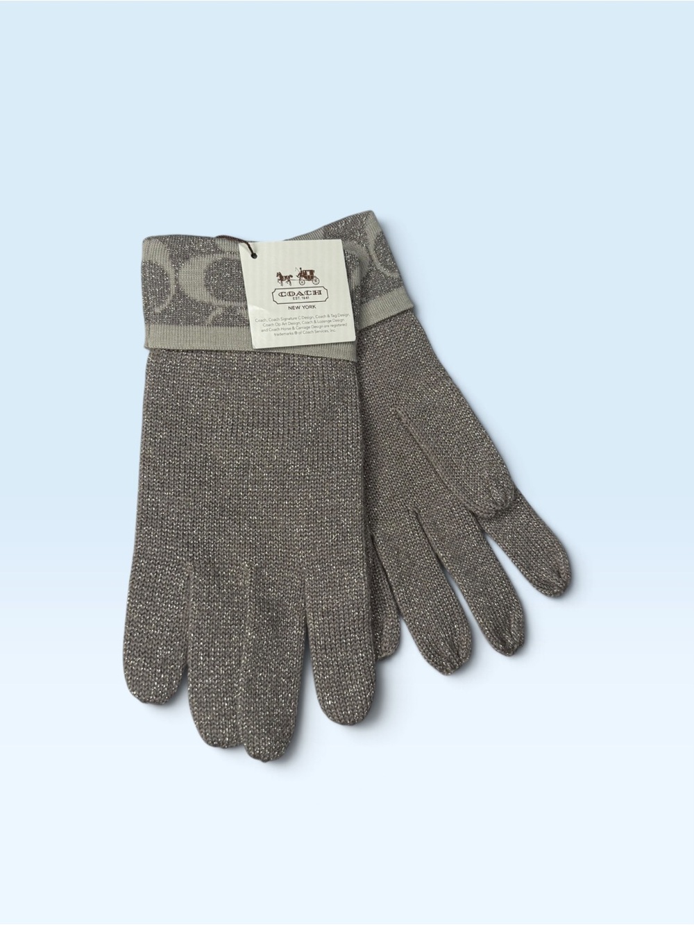 Coach Signature Embossed Metallic Knit Tech Gloves Grey Silver Tonal Cuff